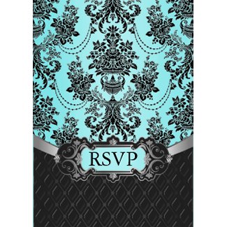 Black Damask Blue Wedding RSVP Cards invitation